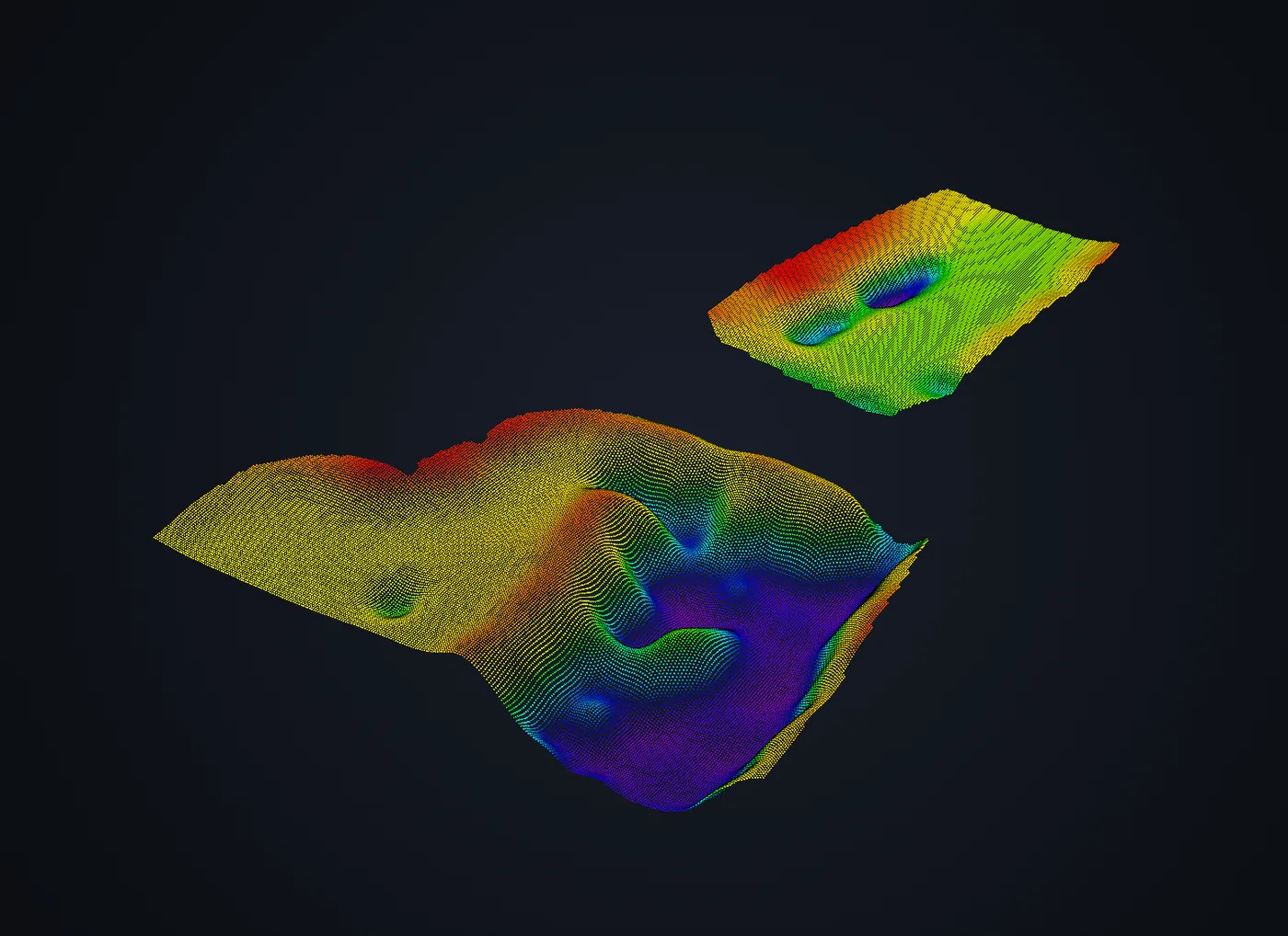 3D bathymetric depth surfaces of two quarry ponds rendered as rainbow point clouds from shallow red to deep violet