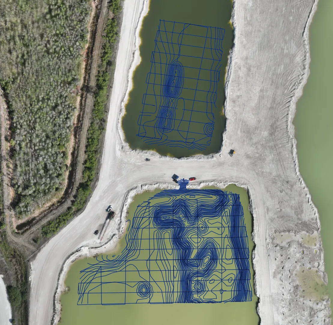 Bathymetric contour lines overlaid on a drone orthomosaic of two dredge ponds at an active quarry