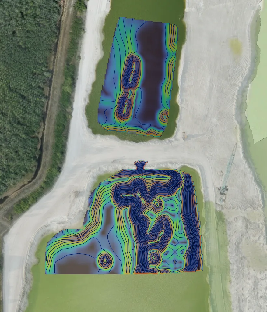 Color-coded bathymetric depth surface with contour lines overlaid on a drone orthomosaic of two dredge ponds