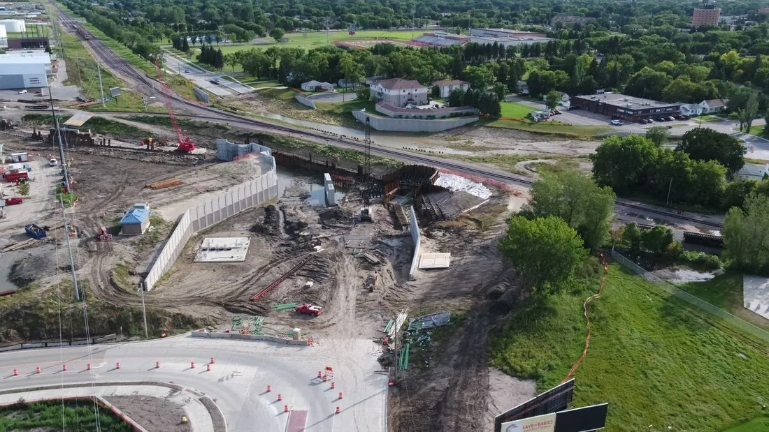 Active bridge and infrastructure construction site aerial