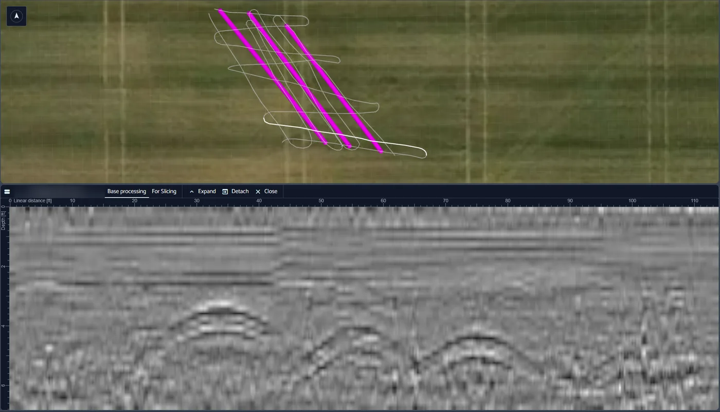 GPR processing software showing RTK survey lines over a pipeline corridor and the processed radargram beneath, with hyperbolic reflections from buried pipe near the four-foot depth line